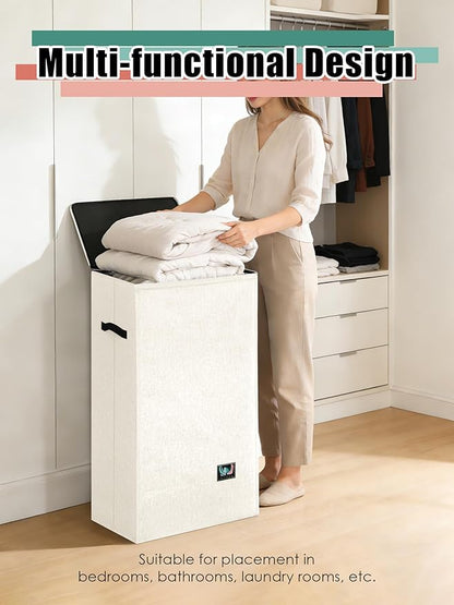 WTREE Laundry Hamper with Lid, Reinforced Sturdy Clothes Hamper with Anti-Puncture Base, Large Collapsible Laundry Basket with Removable Liner Bag, Tall Dirty Clothes Bin for Family, 100L Cream