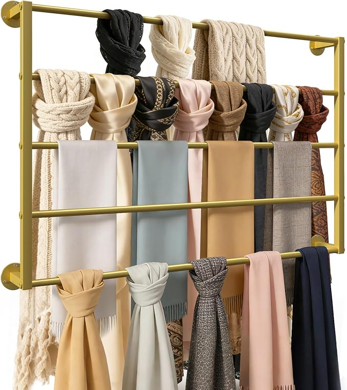 Wall Mounted Scarf Rack, Ties Silk Scarves Towels Storage Multifunctional Metal Rack, Space-Saving Wrapping Paper Organizer Ribbon Holder Wall Display Rack for Flower Shops