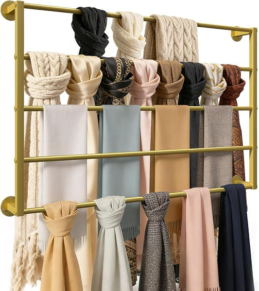Wall Mounted Scarf Rack, Ties Silk Scarves Towels Storage Multifunctional Metal Rack, Space-Saving Wrapping Paper Organizer Ribbon Holder Wall Display Rack for Flower Shops