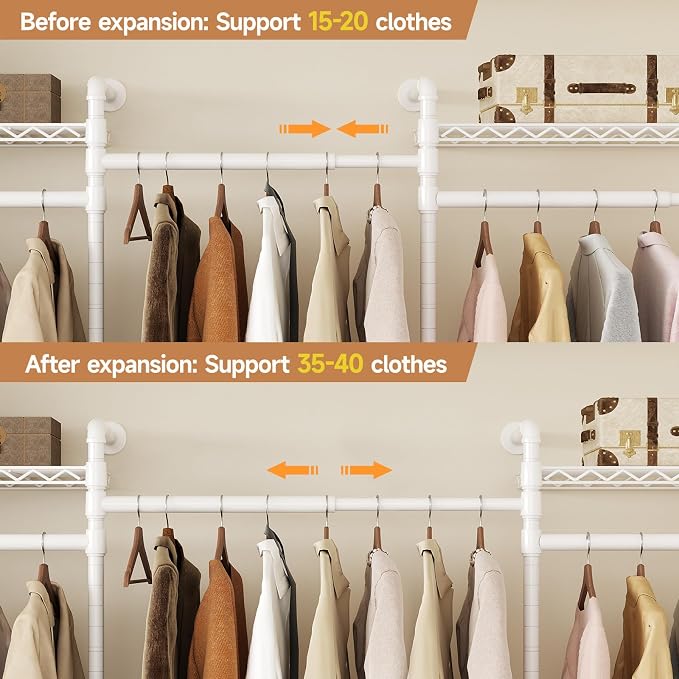 Wall-Mounted 3-Section Closet System, Expandable Industrial Pipe Clothing Rack with 4 Telescopic Rods & 6 Mesh Shelves, Heavy Duty Garment Organizer for Walk-In Closets & Bedrooms, White