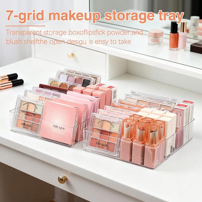 2 Pack Makeup Organizer for Eyeshadow Palette and Lipstick Organizer, 7 Section Divided Makeup Palette Organizer for Lipstick Highlighter, Skincare Cosmetic Display Cases for Bathroom