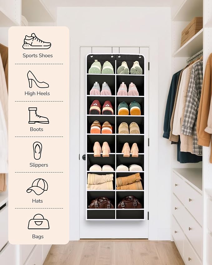 ULG Over The Door Shoe Organizer with 16 Large Pockets, Hanging Shoe Rack for Closet Door, Space Saving Shoe Storage for Boots, Heels & Sneakers, Black