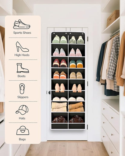 ULG Over The Door Shoe Organizer with 16 Large Pockets, Hanging Shoe Rack for Closet Door, Space Saving Shoe Storage for Boots, Heels & Sneakers, Black