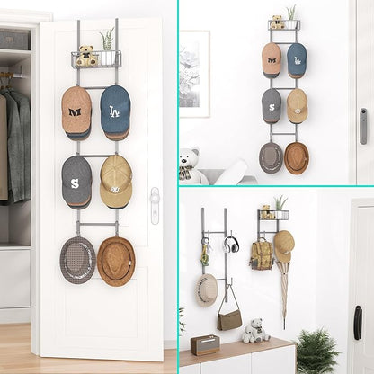 HapiRm Over Door Hat Rack - 2 Packs Wall Mounted Hat Holder with 6 Hooks and Metal Basket Design, Baseball Cap Organizer Storage Up to 32 Caps for Door, Bedroom, Closet (Grey)