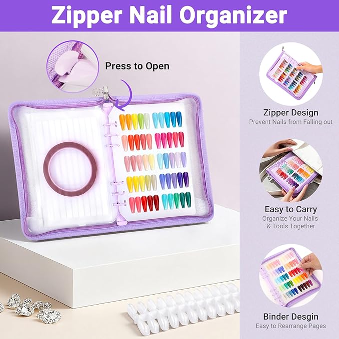 Segbeauty Nail Swatches Polish Display with Zipper, Nail Color Display Book Sample, Nails Polish Organizer A5 Binder with 240 False Tips, Gel Fake Press On Nails Art Salon Supplies Holder Purple