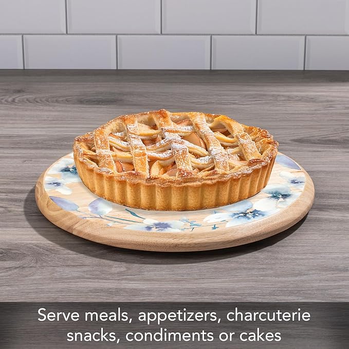 CounterArt Decorative Round Natural Wood Lazy Susan Turntable 14" Diameter Condiment Caddy, Cheese Server, Cake Plate, Spice Organization (Floral Wreath)