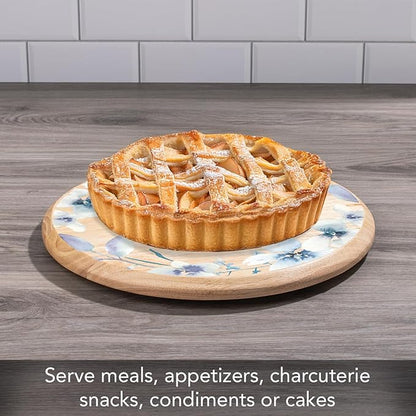 CounterArt Decorative Round Natural Wood Lazy Susan Turntable 14" Diameter Condiment Caddy, Cheese Server, Cake Plate, Spice Organization (Floral Wreath)
