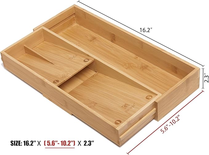 guiogc Bamboo Kitchen Drawer Organizer, Silverware Organizer Expandable Utensil Holder with Removable Knife Block, Cutlery Tray with Drawer Dividers for Kitchen Utensils and Flatware