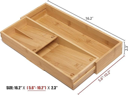 guiogc Bamboo Kitchen Drawer Organizer, Silverware Organizer Expandable Utensil Holder with Removable Knife Block, Cutlery Tray with Drawer Dividers for Kitchen Utensils and Flatware