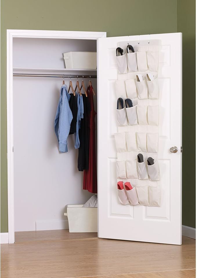 Household Essentials Over The Door 24 Packet Shoe Storage Organizer, Natural Canvas