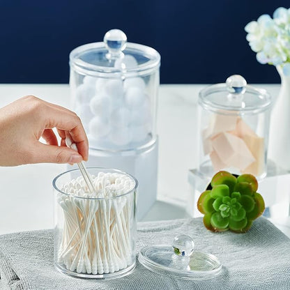 Qtip Holder Bathroom Set with Tray(4PCS) - 3 Pack Acrylic Plastic Apothecary Jars Qtip Dispenser Canister with Lid and Labels, 1 Pack Bathroom Vanity Tray, for Cotton Ball, Cotton Swab(Clear)