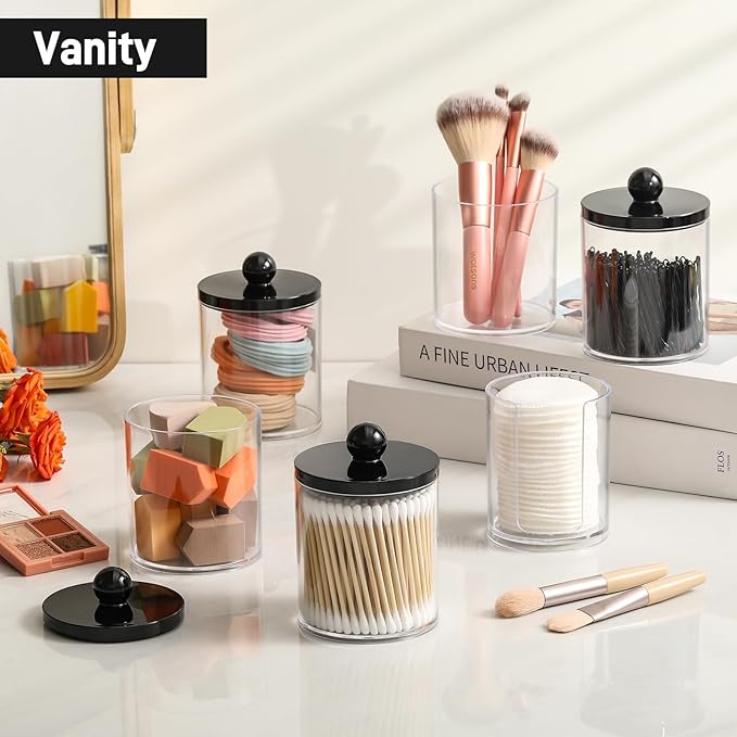 4 Pcs, Acrylic Qtip Holder Dispenser for Cotton Swab, Ball, Round Pads, Floss Picks - Plastic Apothecary Jar Set, Bathroom Canister Decor Storage Accessories, Vanity Makeup Organizer - Clear & Black
