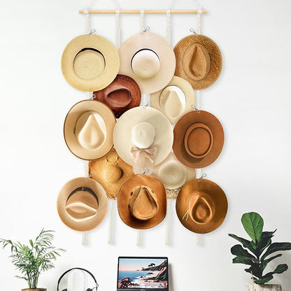 Macrame Hat Hangers for Wall - Boho Hats Rack Cowgirl Hat Holder on Wall, Bring 15 Clips Western Bedroom Decor Hat Display Country Room Decor Gift for Mother Women, 100% Natural Cotton, 31x63inch