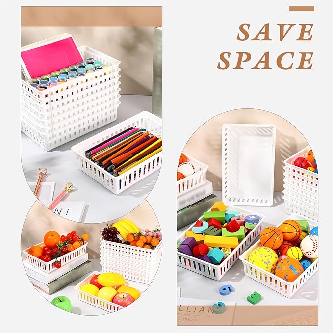 Wenqik 24 Pcs Plastic Storage Baskets for Classroom Organizing Small Pantry Storage Bins Rectangular Tray for Back to School Household Toys Classroom Bedrooms, Kitchens Countertops(White)