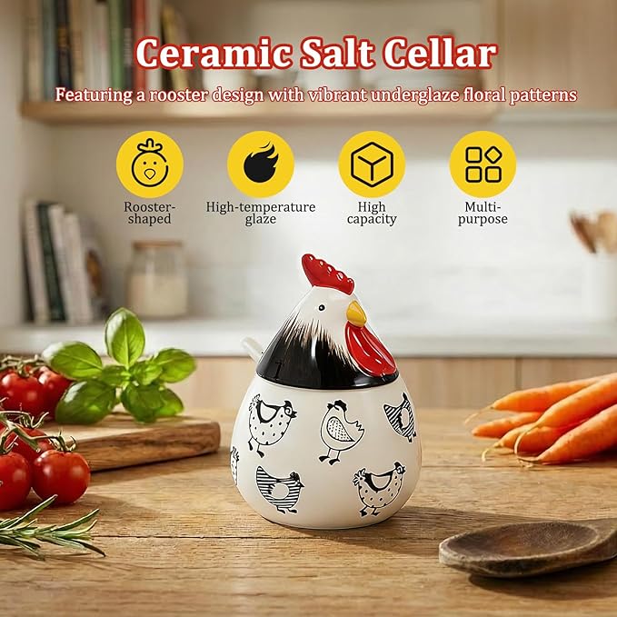 Ceramic Salt Cellar with Lid and Spoon,17oz Large Chicken Rooster Cookie Jar Salt Containers Holder for Countertop Spices,Cute Farmhouse Kitchen Decor,Spice Jar for Coffee,Sugar,Spices,Candies (#A)