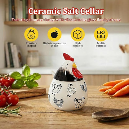 Ceramic Salt Cellar with Lid and Spoon,17oz Large Chicken Rooster Cookie Jar Salt Containers Holder for Countertop Spices,Cute Farmhouse Kitchen Decor,Spice Jar for Coffee,Sugar,Spices,Candies (#A)