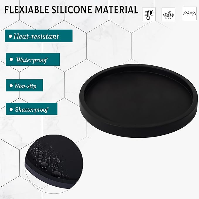 Silicone Bathroom Tray Round Vanity Tray Decorative Soap Holder Kitchen Countertop Organizer Coffee Table Decor for Candle, Perfume, Plant, 8 Inch, Black