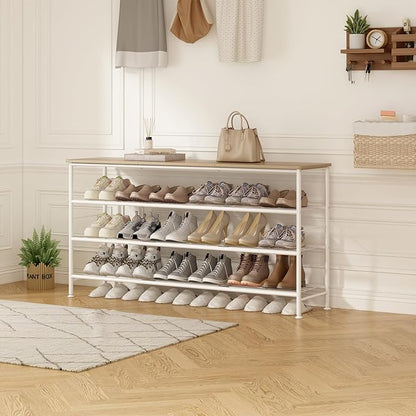 SUOERNUO Shoe Rack Organizer 4 Tier for Closet Entryway Free Standing Metal Storage Shoe Shelf with MDF Top Board (White+Oak, Large 4 Tier)