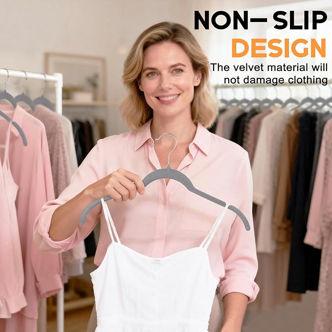 Gray Velvet Hangers 100 Pack, Non-Slip Felt Hangers with Shoulder Notches, Slim Space Saving Clothes Hangers with 360°Swivel Hook for Shirts Heavy Coats Clothes Dresses Closet(Gray)