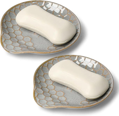 Ceramic Soap Dish, Set of 2 Bar Soap Holder, Shower Soap Dish Soap Saver Tray for Bathroom Kitchen Sink, Stylish and Easy to Clean (Vintage Grey)