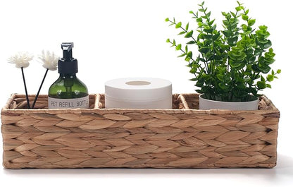 Water Hyacinth Toilet Tank Basket for Toilet Paper Rolls Wicker Baskets for Shelves Tampon Storage for Bathroom 3 Dividers (Large Compartment 16.5inch x 5.5inch x 3.5inch)