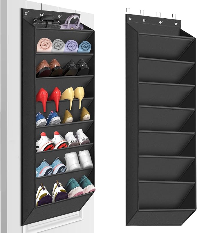 Over The Door Shoe Organizer Storage -8-Tier Shoe Rack for Boots/Sneakers/Closet, Heavy Duty Anti-Slip Hooks & Large Deep Pockets,Space Saving Hanging Shoe Organizers (Black)