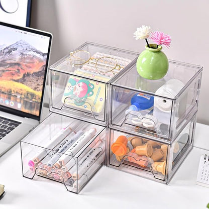 Stebopum 8 Pack Stackable Makeup Organizer, 4.4'' Tall Acrylic Bathroom Makeup Organizer and Storage Drawer with Pull-out Handle, Clear Plastic Storage Bins for Vanity,Pantry,Desk,Undersink,Kitchen