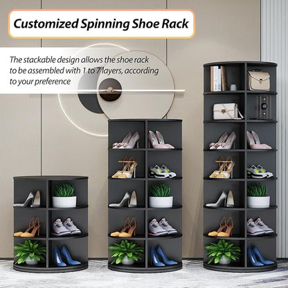 Rotating Shoe Rack, 7-Tier Spinning Shoe Rack, Free Standing Rotating Shoe Rack Tower 360°, Easy to Assemble, Space-Saving Revolving Shoe Organizer for Entryway - Black