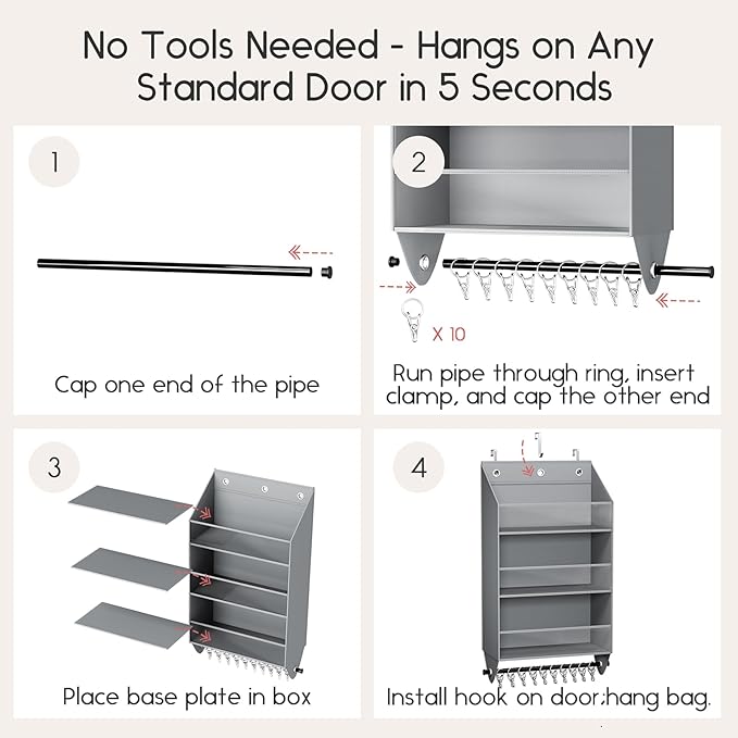 Homsorout Over the Door Hat Rack - 3-Layer Design Hat Organizer Holds 30-36 Hats with 10 Hooks, Ideal Hat Rack for Door, Over the Door Organizer for Closet, Apartment, Bedroom, Dorm, 2 Pack, Grey