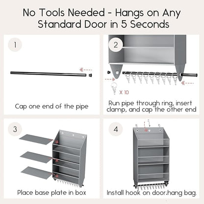 Homsorout Over the Door Hat Rack - 3-Layer Design Hat Organizer Holds 30-36 Hats with 10 Hooks, Ideal Hat Rack for Door, Over the Door Organizer for Closet, Apartment, Bedroom, Dorm, 1 Pack, Grey