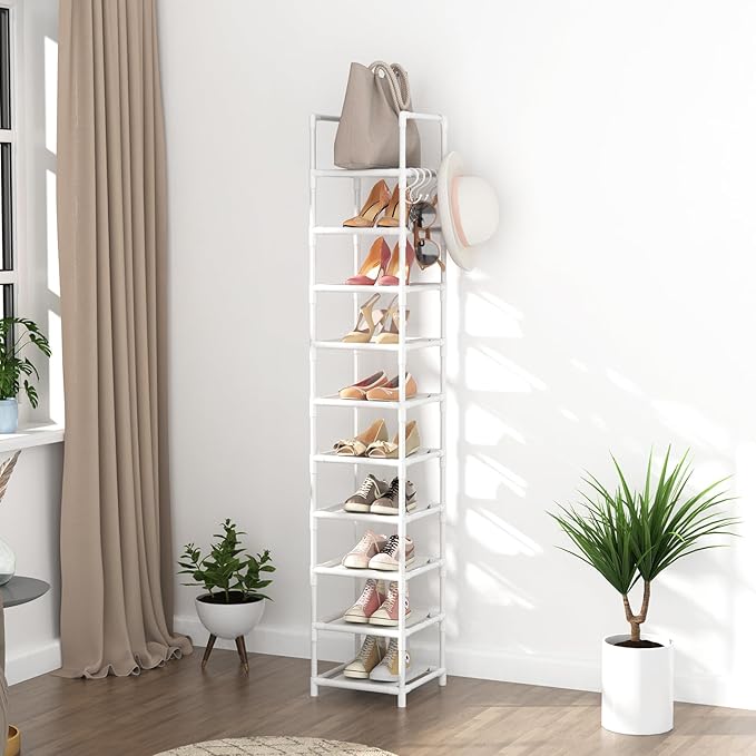 LANTEFUL Tall Narrow Shoe Rack 10-Tier Skinny Shoe Shelf Storage for 10-15 Pairs Shoes and Boots, Space Saving Corner Shoe Rack Organizer for Closet, Entryway, Garage, Living Room,White