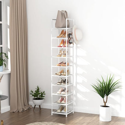 LANTEFUL Tall Narrow Shoe Rack 10-Tier Skinny Shoe Shelf Storage for 10-15 Pairs Shoes and Boots, Space Saving Corner Shoe Rack Organizer for Closet, Entryway, Garage, Living Room,White