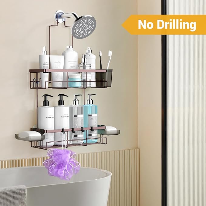 AKTECKE Shower Caddy Hanging Bathroom Organizer: Rustproof Shelf for Inside Shower - No Drilling, Over Showerhead - Bath Shelves for Shampoo, Soap - Bronze