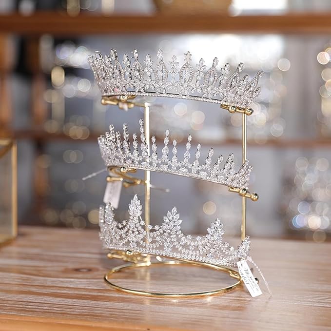Crown Display【Electroplating Metal Luster】 Crown Holder Tiara Display 3-Tier Bridal Crown Display Stand Crown Storage Organizer Jewelry Holder for Women Girls Wedding Home Shop Store