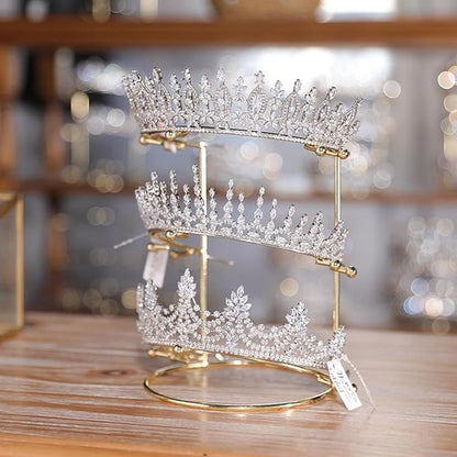 Crown Display【Electroplating Metal Luster】 Crown Holder Tiara Display 3-Tier Bridal Crown Display Stand Crown Storage Organizer Jewelry Holder for Women Girls Wedding Home Shop Store
