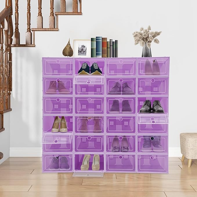 24 Pack Stackable Shoe Boxes with Clear Lids - Foldable Shoe Storage Organizer for Closet Cabinet, Color Options for Sneakers Flats Home Organization (Purple)