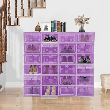 24 Pack Stackable Shoe Boxes with Clear Lids - Foldable Shoe Storage Organizer for Closet Cabinet, Color Options for Sneakers Flats Home Organization (Purple)