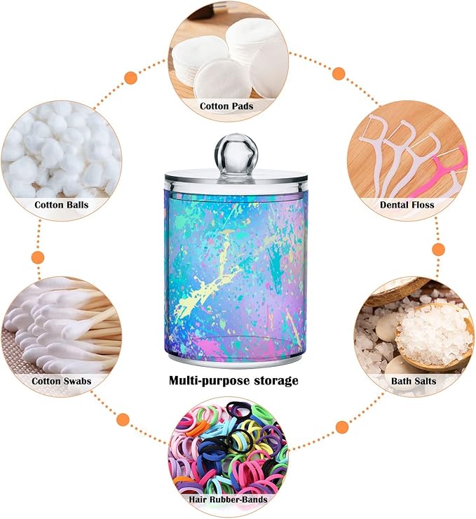 4 Pack Qtip Holder Dispenser Rainbow Grid Marble Cotton Ball Cotton Swab Round Pads Floss Clear Bathroom Storage Containers Plastic Apothecary Jars with Lids