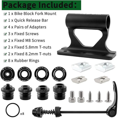 Bike Fork Mount, Upgraded Quick Release Thru Axle Bicycle Fork Rack Block with 4 Adapters for Car Trucks Vans SUV Transport and Storage, Black