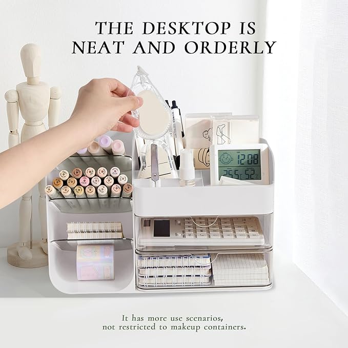 Makeup Organizer Countertop with Drawers, Cosmetic Organizer with Travel Makeup Brush Holder, Skincare Organizer & Storage with Drawers for Bathroom, Beauty Essentials, Eyeshadow (white)