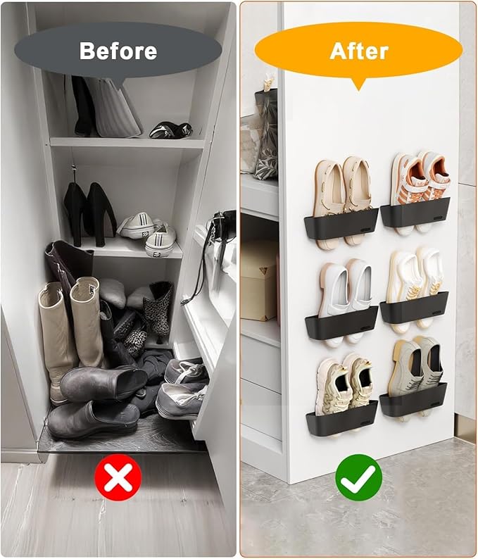 Wall Mounted Shoe Rack, Adhesive & Drill Mount Hanging Shoe Organizer, Plastic Shoe Storage for RV, Camper, Closet & Door, Patent Protected, PATENT PROTECTED, Black-6Pack