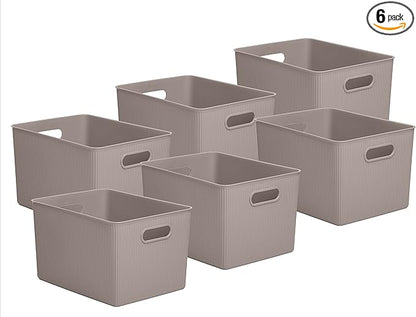 Decorative Plastic Basket Open Home Storage Bins Organizer, X-Large Taupe (6 Pack) Container Boxes for Organizing Closet Storage Bins for Shelves Drawer Shelf - Ribbed Collection 22 Liter/23 Quart