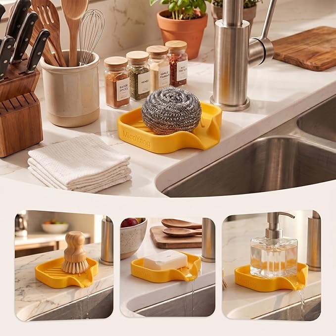 MicoYang Silicone Bathroom Soap Dishes with Drain Spout-Bathroom and Kitchen Sink Organizer,Sponge Holder,Dish Soap Tray,Perfect for Dispenser,Scrubber,Bottle,Cup on Sink or Counter-Yellow 4.9"×3.2"