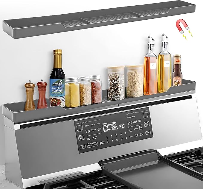 30 Inch Magnetic Stove Top Shelf | 3-Zone Kitchen Organizer with Anti-Slip & Anti-Fall Design | Heat Resistant (-40°F to 446°F) Food-Grade Silicone Spice Rack for Flat-Top Stoves, Grey