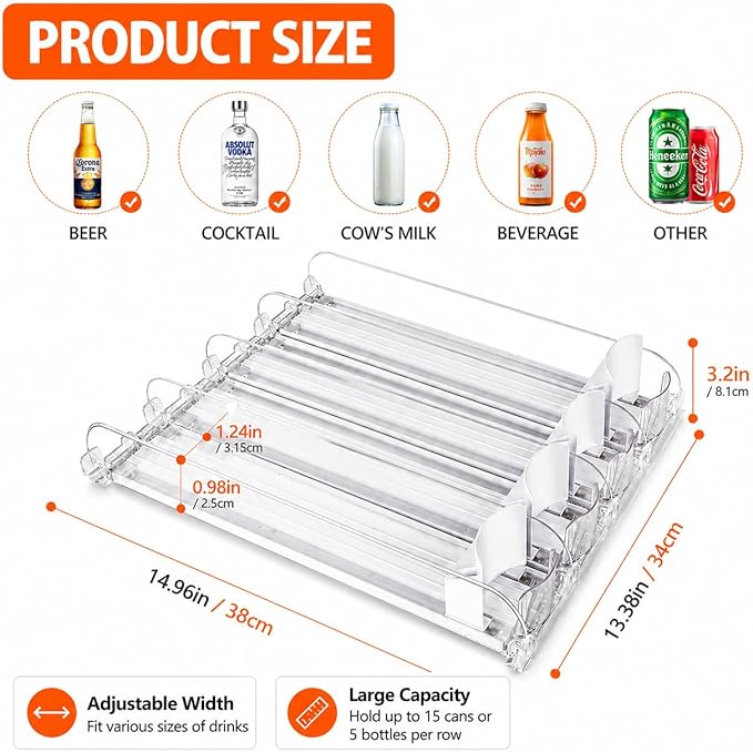 SOLY Drink Organizer for Fridge, Automatic Soda Can Dispenser with Pusher, 5-Row Refrigerator Drink Organizer Holds 25–30 Cans, 14.96" Deep