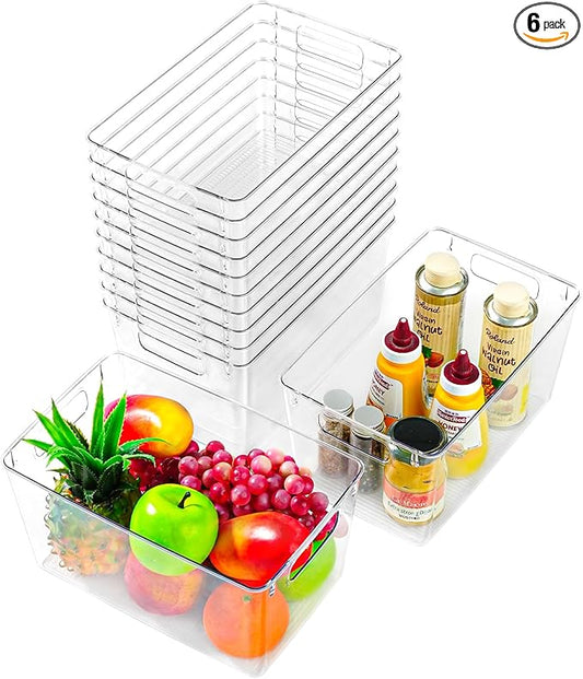 Freebat 12 Pack Large Clear Plastic Storage Bins,Plastic Containers with Handle for Pantry Organizer and Storage,Perfect for Kitchen,Fridge,Cabinet, Closet,Bathroom Under Sink Storage