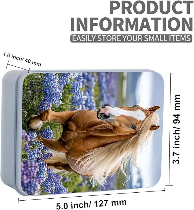 Metal Tin Box Sturdy Metal Storage Box with Lid, Majestic Horse Large Container Holder for TCG Cards, Car Keys, Cookies, Tin Containers for Gift, 5.0x3.7x1.6 Inch, Exquisite Pattern Design