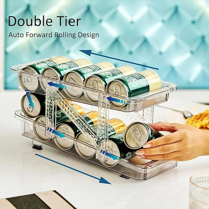 HYGRAD BUILT TO SURVIVE Clear Expandable Soda Can Organizer For Pantry, 13.77” D x 9. 37” W x 6.41” H Stackable Beverage Pop Can Holder Dispenser For Refrigerator, Kitchen Storage Holds 10 Cans