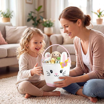 Small Woven Storage Basket with Handle, Cute Bunny Baskets for Gift Empty, Cotton Rope Storage Basket for Toy Organizer