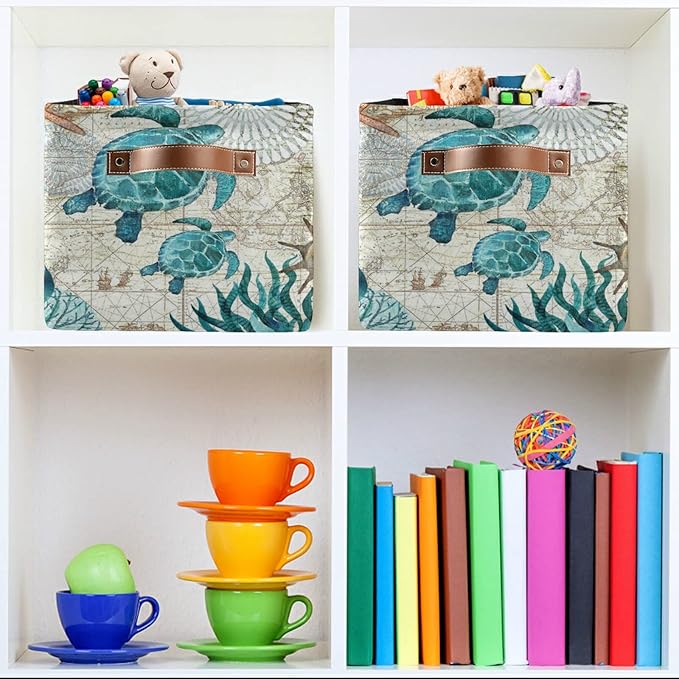 Bolaz Large Storage Basket Vintage Ocean Sea Turtle Starfish Map Foldable Storage Box Organizer Bins with Handles for Bedroom Home Office